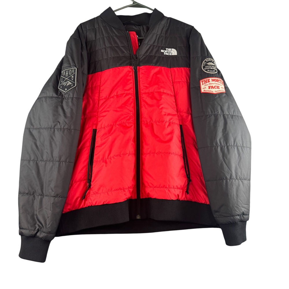The North Face Mens Jester Bomber Jacket Red Black Quilted Tahoe Patch Large